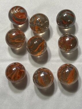 Set of 9 Marbles - Clear with Red-Orange Vanes / Cat-eyes Possibly Vitro Agate